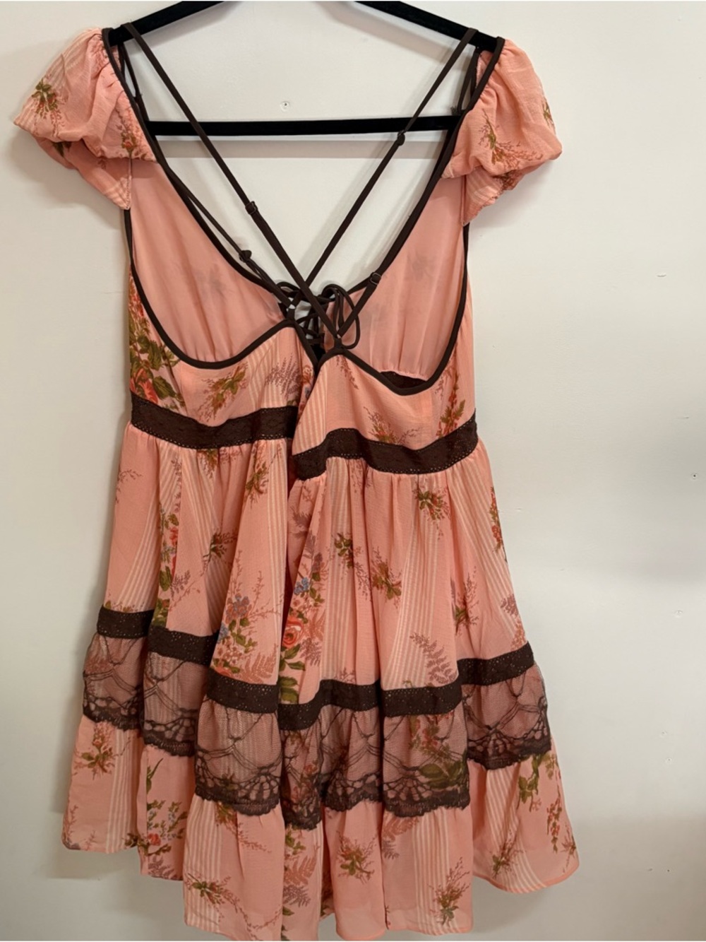 NEW Peach Floral Lace-Trim Mini Dress size L - Picture 7 of 12